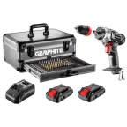 58G022-PS15 - AKKUS F�R� ENERGY GRAPHITE 58G022-PS-15 + 2x18V/2.0Ah, 10 mm + ALUM�NIUM KOFFER + 109 KIEG�SZ�T� - GRAPHITE akkus g�pk�szlet, 18V Li-ion. Energy+ akkumul�torokkal kompatibilis.. A k�szlet tartalma: f�r�-csavaroz�, 2 db akkumul�tor 2.0Ah (58G002), akkut�lt� (58G001) �s 109 tartoz�k: bitek �s f�r�k. A k�szlet praktikus �s tart�s alum�nium kofferben kapott helyet. A koffer a k�szlet minden alkatr�sze sz�m�ra helyet biztos�t� rendszerez�vel ker�lt felszerel�sre. A koffer f� rekesz�ben helyezhet�k el a felhaszn�l� tov�bbi tartoz�kai. A k�szletben tal�lhat� bitek kimagasl� kem�nys�g� S2 ac�lb�l k�sz�lnek. A k�szlet ide�lis megold�s a kedvenc szersz�mainak k�nny� t�rol�s�t �s sz�ll�t�s�t kedvel�k sz�m�ra, mindezt a k�ls� t�nyez�k �ltali megrong�l�d�s kock�zata n�lk�l.